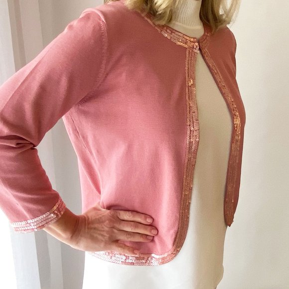 Kate Hill dusty rose sequin trim silk cardigan - Picture 4 of 13